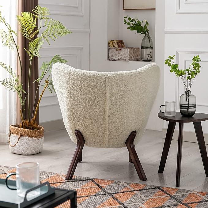 Modern Accent Chair Lambskin Wingback Tufted Side Chair with Solid Wood Legs for Living Room BedroomCream