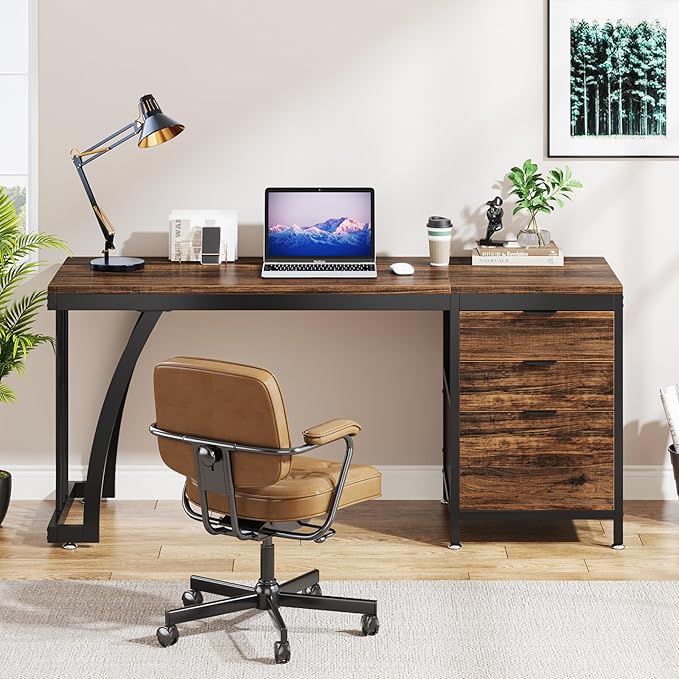 Tribesigns 59 Inch Computer Desk with 3 Drawers Industrial PC Desk Study Writing Table Workstation with File Storage Home Office Desks with Large Desktop and Metal Frame (Rustic Brown)