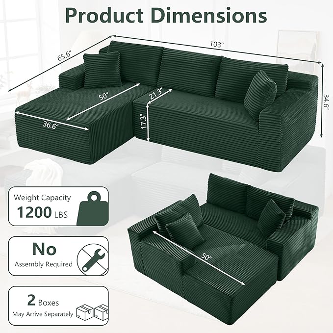 103 W Green Boneless Cloud Sectional Couches for Living Room No Assembly Compressed L Shaped Sofa with Deep Seat &amp Left Chaise Fluffy Corduroy Floor Lounge Sofa for Apartment Office