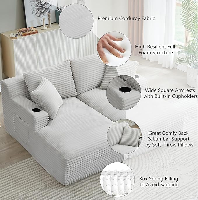 Setawix Corduroy Double Chaise Lounge Sofa Chair Indoor70.9 Modern Boneless Loveseat SleeperCompressed Cloud Lounger Couch BedDIY Modular Sectional Sofas with CupholdersNo Assembly
