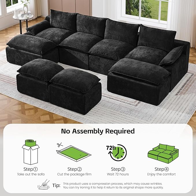 138 4 Seat Boneless Couch with Movable Ottoman Boneless Modular Sectional Sofa Deep Seat Modern Sleeper Sofa Bed for Living Room Cloud Modular Sectional Couch 4 Seat Chenille Chaise Lounge Black