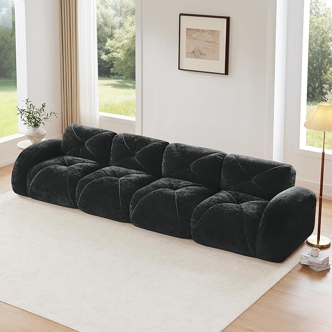 KEIKI 141 Velvet Modular Sectional Sofa with High-Density Foam Cushion &amp 4 Pillow Upholstered Oversized Compressed Boneless Tufted 4-Seater Couch No Assembly Required for Living Room Black