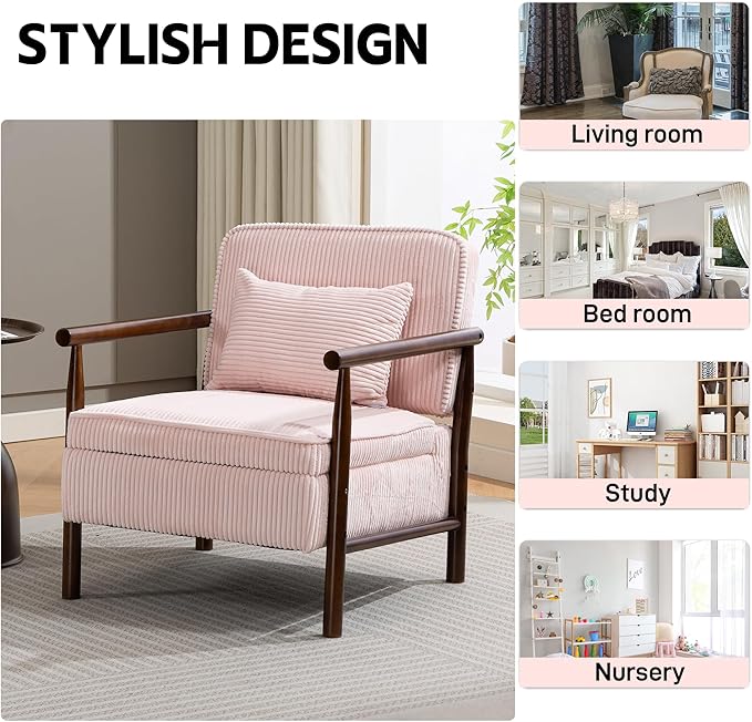 Accent Chair Comfy Modern Mid-Century Accent Chairs with Storage Corduroy Upholstered Lounge Armchair with Solid Wood Reading Side Single Sofa for Living Room/Office/Balcony/Bedroom-Pink