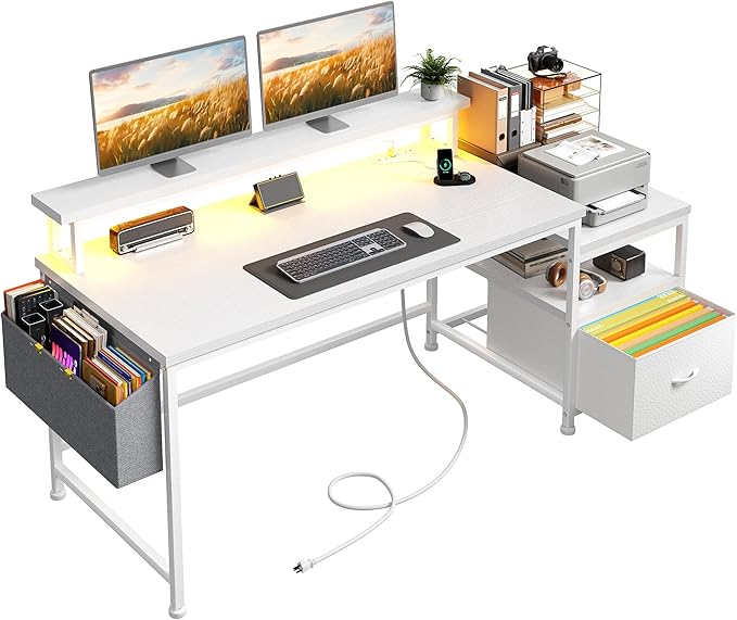 Computer Desk with DrawersOffice Desk with Printer Shelf &amp Monitor StandGaming Desk with Power Outlets &amp LED LightsCorner Table with Side Storage Bag White