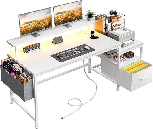 Computer Desk with DrawersOffice Desk with Printer Shelf &amp Monitor StandGaming Desk with Power Outlets &amp LED LightsCorner Table with Side Storage Bag White