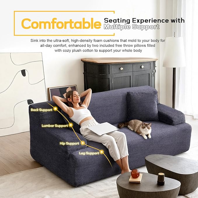 VINGLI 72 w Compressed Love Seat Sofa with Wide Curved Armrests (10.6) Premium Corduroy Couch in a Box Boneless Loveseat for Living Room Easy Assembly Required for Small Spaces Dark Grey