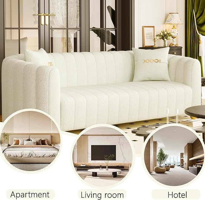 83 Velvet White Couch Modern Sofas for Living Room Cream Sofa 3 Seater Solid Wood Frame with Gold Metal Legs and Two Pillows Comfy Teddy Sofa ﻿