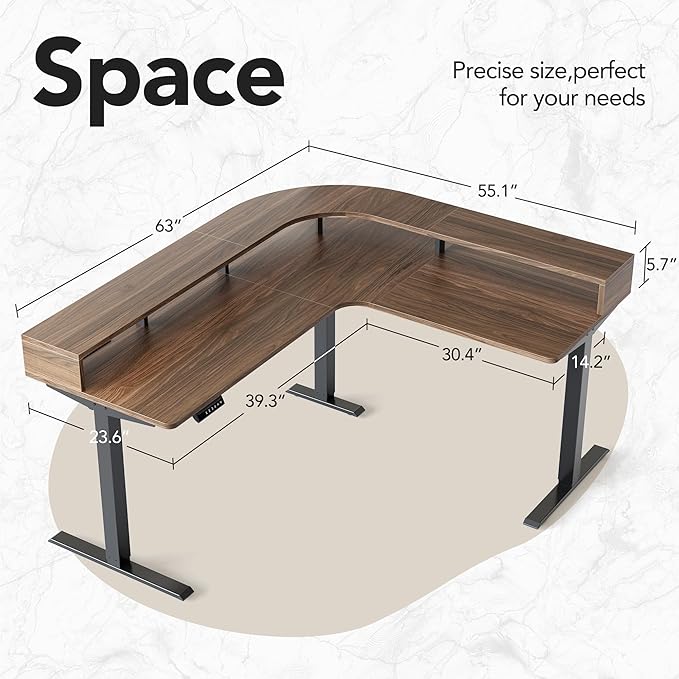 HUANUO Electric L Shaped Stadning Desk with LED Strip &amp Power Outrlets 63 x 55 2-Tier Height Adjustable Sit Stand up Desk with Power Strip Holder Ergonomic Corner Computer Table Walnut