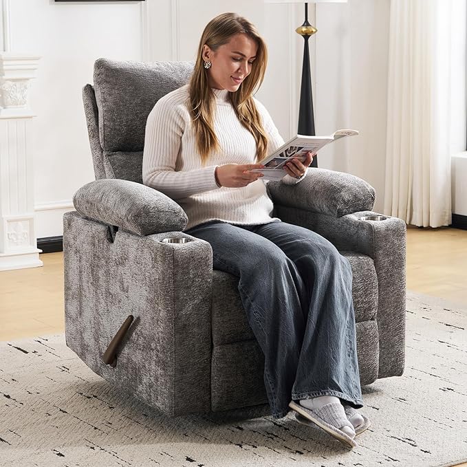 Swivel Rocker Recliner with Adjustable Armrests Rocking Nursery Chair with Adjustable Headrest Cup Holder Manual Recliner Nursing Chair for Breastfeeding Chenille Dark Grey