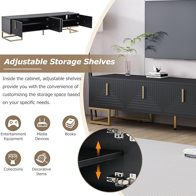 Merax Modern TV Stand with Metal Legs Gold Handles Geometric Lines and Adjustable Shelves for TVs Up to 80'' Media Console Table Luxury Storage Cabinets for Living Room Black