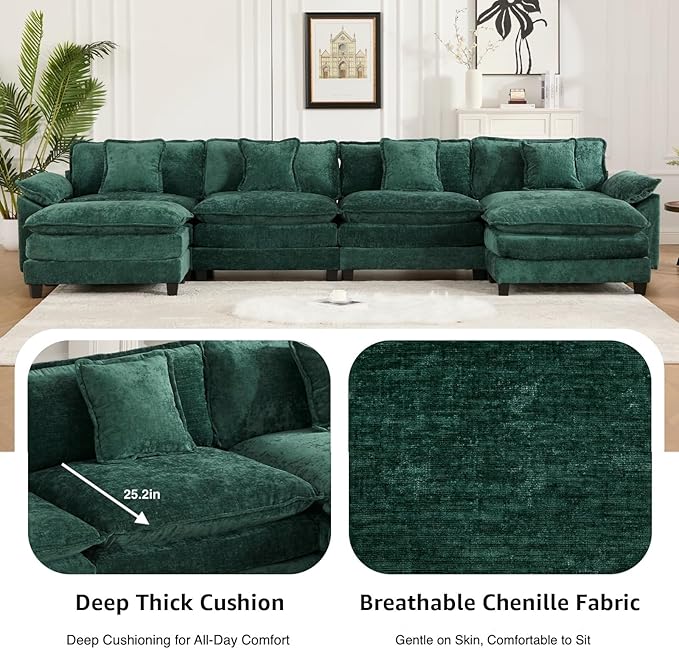 81.9 Modern Love Seat Sectional Couches for Living Room Green Chenille Comfy Cloud Sectional Couch Modular Loveseat Sofa for Living Room 1 Ottoman Sofas para Sala L Shaped Sofa (Green 2+1 Set)