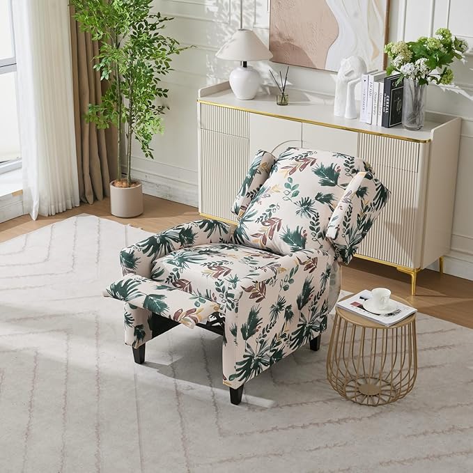 Push Back Recliner Chair with High Back Blue Floral Print Fabric Upholstery Classic Wing Back Design 250 LBS Capacity (Green)