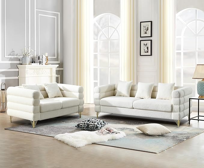 KINFFICT 2 Piece Living Room Sofa Set Comfy Boucle Couch with Loveseat and 3 Seater Upholstered Sofa Couch with 2 Pillows and Deep Seat Design for Office Waiting Room White Teddy