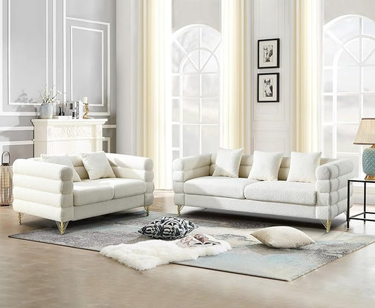 KINFFICT 2 Piece Living Room Sofa Set Comfy Boucle Couch with Loveseat and 3 Seater Upholstered Sofa Couch with 2 Pillows and Deep Seat Design for Office Waiting Room White Teddy