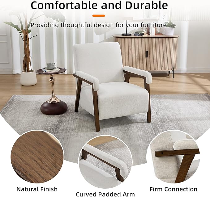 Mid Century Modern Accent Chair Upholstered Armchair with Thick Seat Cushion and Solid Wood Frame Thick and Comfy Innerspring Seat Cushion Short Plush Fabric Arm Chair for Living Room(1White)