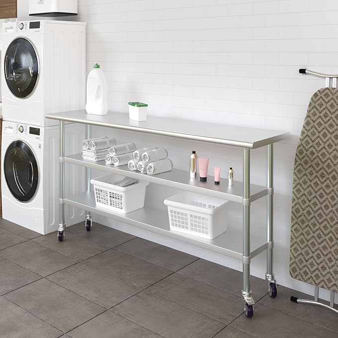 AmGood Stainless Steel Work Table with 2 Shelves and Casters | Metal Utility Table On Wheels (Stainless Steel Work Table with 2 Shelves + Casters 72 Long x 18 Deep)