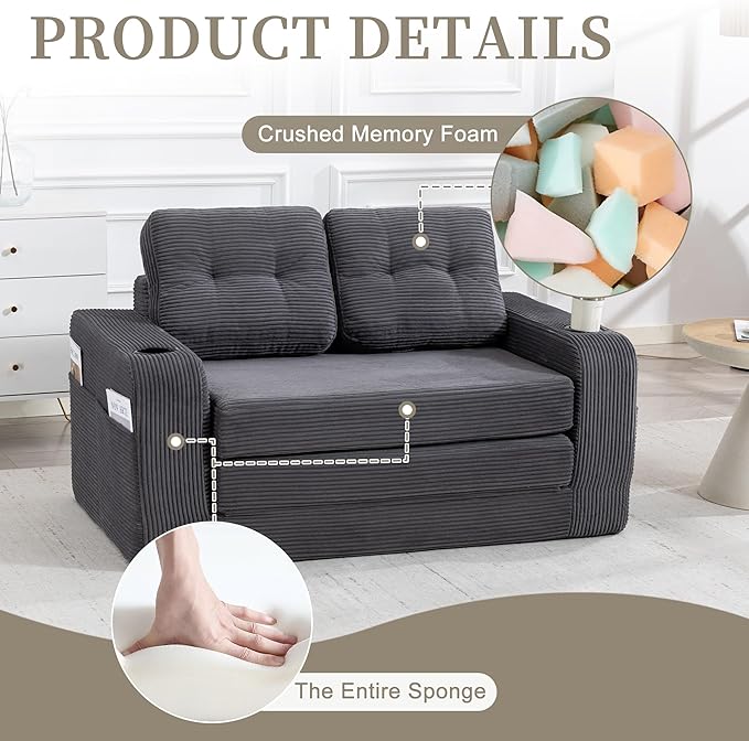 54 Convertible Sofa Bed 2-in-1 Boneless Folding Couch Bed with Cup Holder &amp Pocket Corduroy Fold Out Floor Couch with Pillows for Living Room Bedroom Small Spaces (Grey)