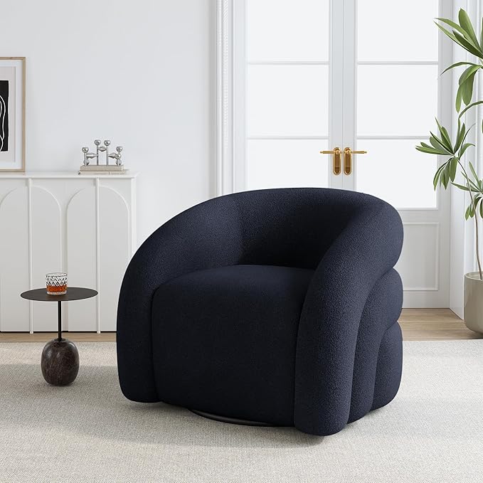 Boucle Swivel Accent Chair No Assembly Small Comfy Round Barrel Armchair for Living Room Bedroom Reading Waiting Room (Navy Blue Set of 2)