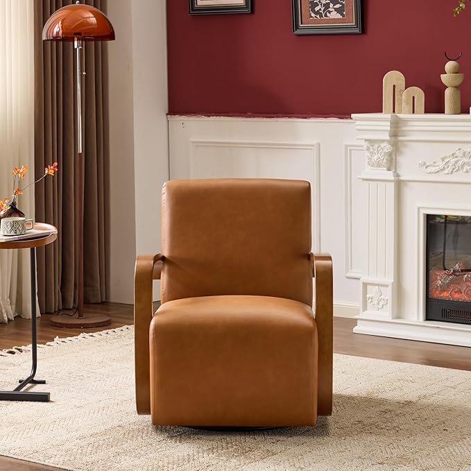 Upholstered 360° Swivel Accent Chair – Solid Wood Curved Arms Mid-Century Modern Design Ergonomic Comfort for Living Room Bedroom Reading Nook Small Single Sofa(Antique Brown)