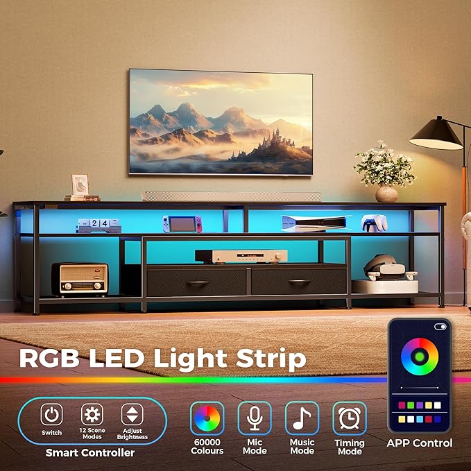 Huuger 79 Inch TV Stand for 85 90 Inch TV Entertainment Center with LED Lights and Power Outlets TV Console with Drawers Shelves Type C PU Leather Surface for Living Room Black