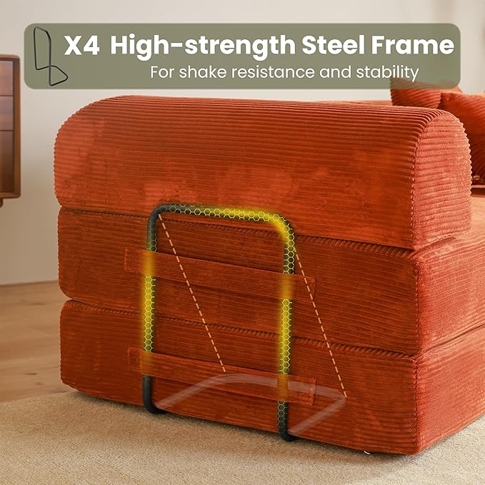 79 Convertible Sofa Bed Boneless Corduroy Sleeper Foldable Modular Couch Memory Foam Compressed Sofa in A Box Folding Mattress Floor Couch for Small Space Living Room Apartment Bedroom Orange