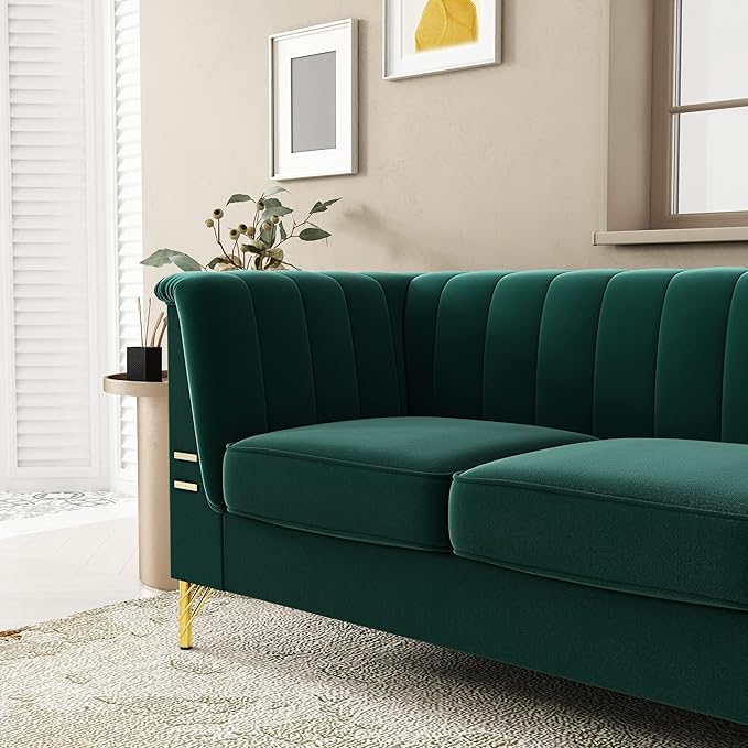 83.46 W Green Velvet Sofa Couch with Metal Gold Legs 3-Seater High Arm Upholstered Sofa for Living Room Bedroom Office (Green)