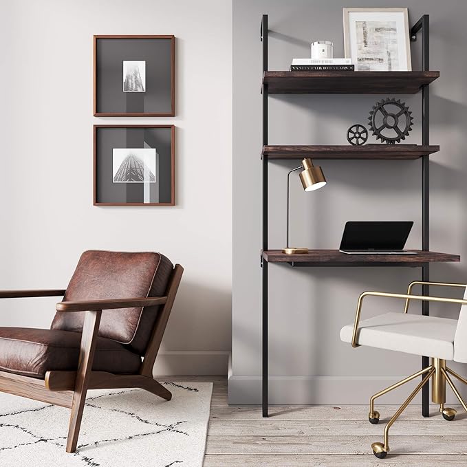 Nathan James Theo 2-Shelf Industrial Wall Mount Ladder Table Small Computer or Writing Desk Nutmeg/Matte Black