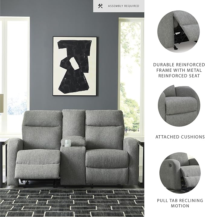 Signature Design by Ashley Carrigan Lane Classic Manual Pull Tab Dual Sided Reclining Loveseat with Console and Storage Gray