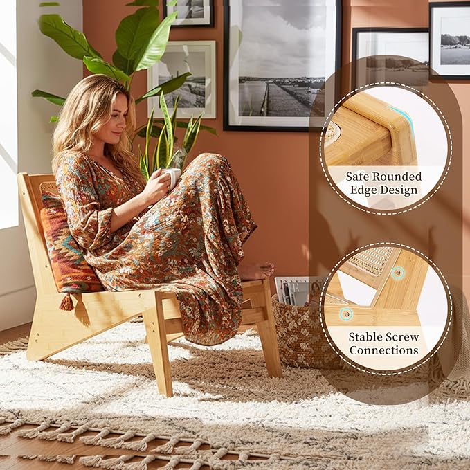 Rattan Accent Chair for Living Room Mid Century Side Chair Comfy Bamboo Chairs for Bedroom Reading Room Wood
