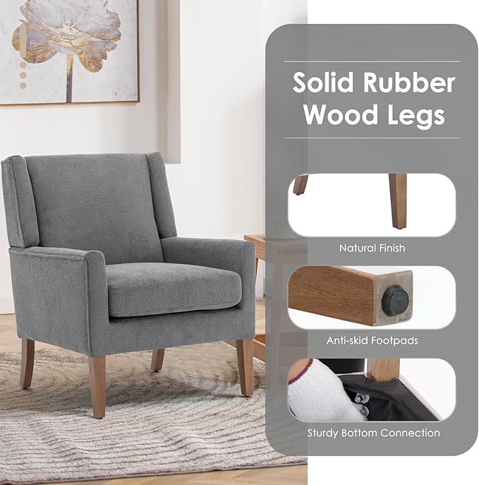 COLAMY Modern Wingback Living Room Chair Set of 2 Upholstered Fabric Accent Armchair Single Sofa Chair with Lounge Seat and Wood Legs for Bedroom/Office/Reading Spaces Gery
