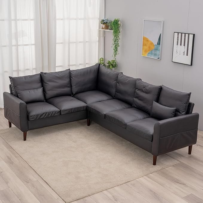 Panana 6 Seater Corneer Sofa 3 Seater &amp 2 Seater L Shaped Couchwith Curved Armrest Pockeys Solid Wood Legs Sectional Setee (Black Faux Leather 6 Seater L Shape Corner Sofa)
