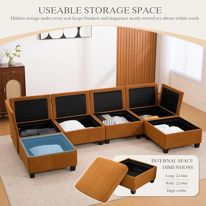 113.39 Modular Sectional Sofa 6 Seaters Sectional Sleeper Sofa U Shaped Couch Comfy Convertible Couches with Ottomans Oversized Modular Sofa with Large Storage for Living Room (Orange)