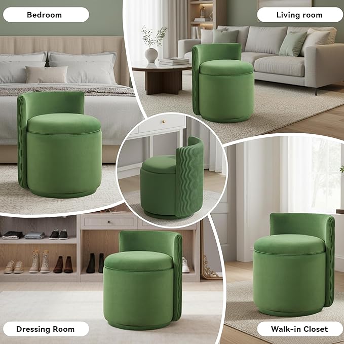 360° Swivel Velvet Vanity Chair with Storage Barrel Makeup Chair with Wave Back No Assembly Vanity Stool Small Accent Chair for Living Room Green