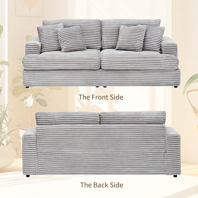Modern Cloud Couch 3-Seater with 4 Matching Toss Pillows 88.58 Soft Corduroy Sofa with Deep Seat for Small Spaces Living Room Apartment(Grey)