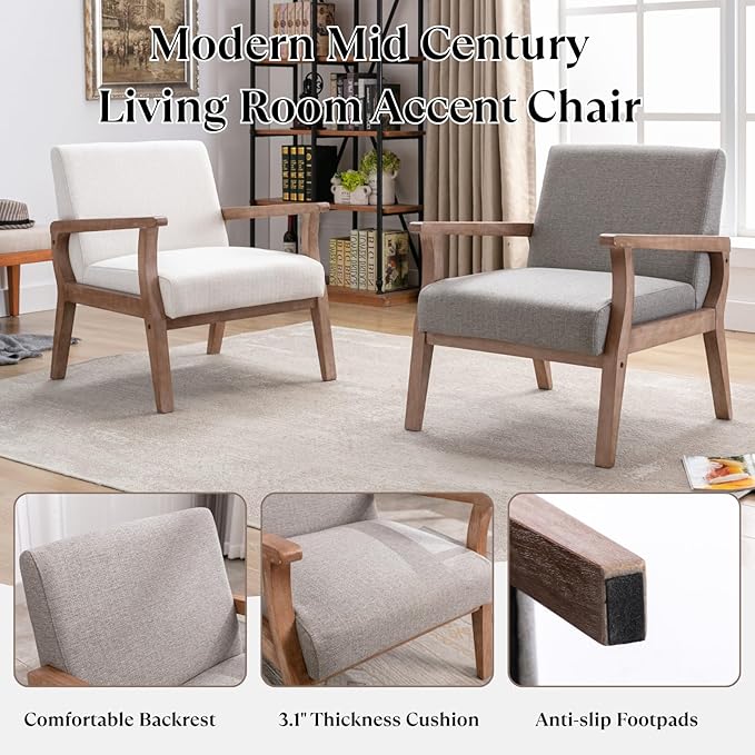 Mid Century Modern Accent Chair Set of 2 Linen Upholstered Living Room Accent Armchair with Wood Frame Farmhouse Chair for Living Room Bedroom Gray