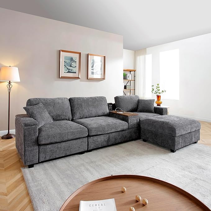 120.3 Modular Sectional Sofa Oversized Comfy Cloud Couch 4 Seater L Shaped Couch with Storage Armrest Ottoman USB Ports Cup Holder Table Modern Linen Couches for Living Room Gray