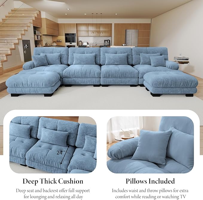 94.4 Oversized Modular Sectional Sofa Blue Large Sectional Couches for Living Room Chenille Fabric Sofa Set Cloud Love Seat Couches with 2 Ottomans Deep Seat Modern Sofas para Sala