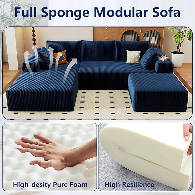 96 Modular Sectional Sofa with Ottoman Modern Corduroy Cloud Couch with Deep Seat Boneless Couch Upholstered 3-Seater U-Shaped Sofa for Living Room No Assembly (Blue Left-Facing Chaise)