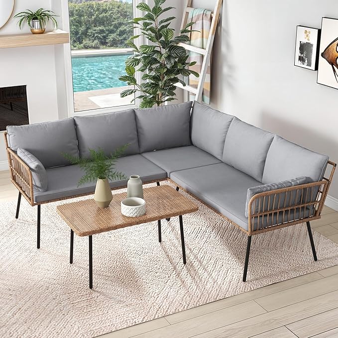 YITAHOME 4 Pieces Sectional Sofa Couch L-Shaped Sofa with 5 Seater for Living Room Detachable Lounger with Thickness Cushions and Side Table - Grey