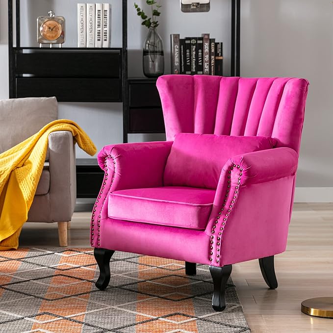 chairus Mid-Century Modern Accent Chairs Set of 2 Comfy Sofa Chairs Channel Back Armchairs with Small Pillow for Living Roon Bedroom Club - Velvet Rose