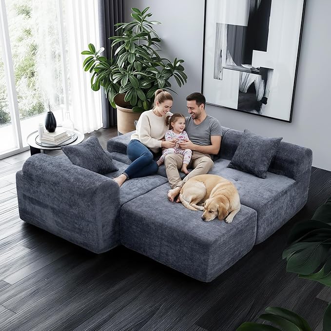 119’’ Modular Sectional Sofa Cloud Sectional Couch with Deep Seat Modern Modular Compression Sofa Couch with Chaise Upholstered Couches Throw Pillows for Living Room Bedroom Blue