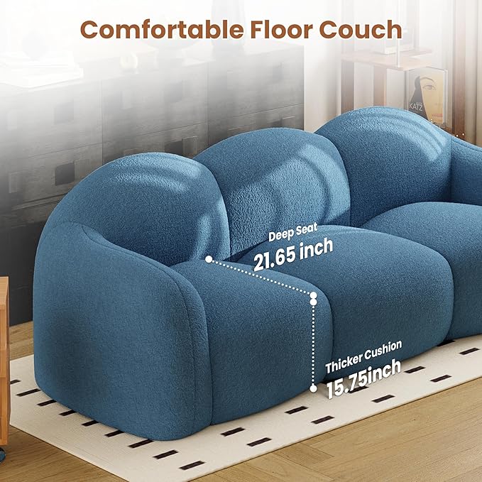 90.55 Inches 3-Seater Sofa Couch Modern Teddy Plush Boneless Sofa in a Box Soft Couches for Living Room Apartment No Assembly for Small Spaces Blue