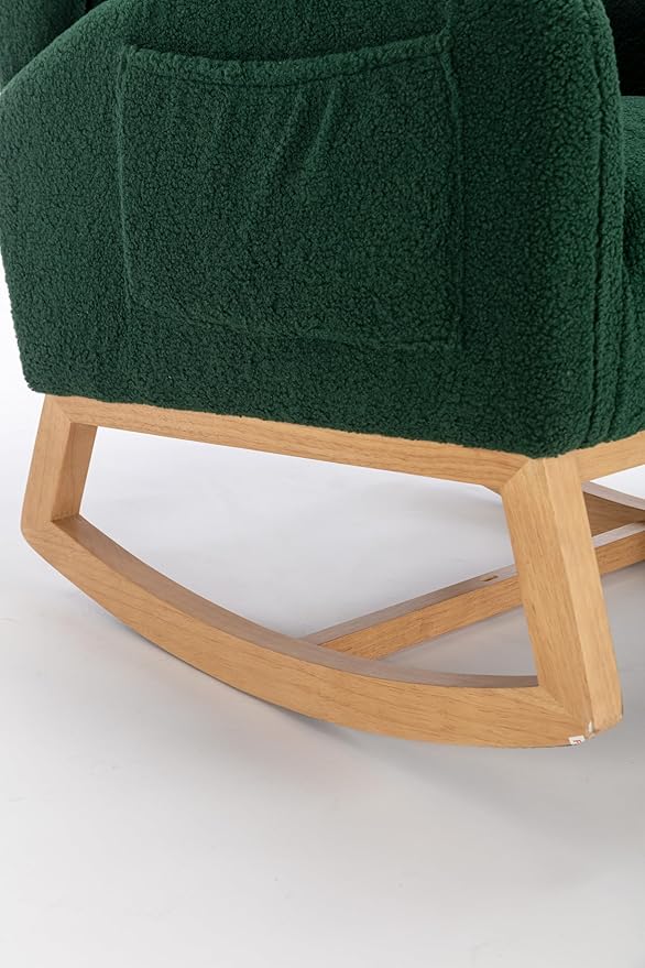 Green Teddy Fabric Rocking Chair with Wooden Legs Comfortable Armchair for Living Room Bedroom Lounging