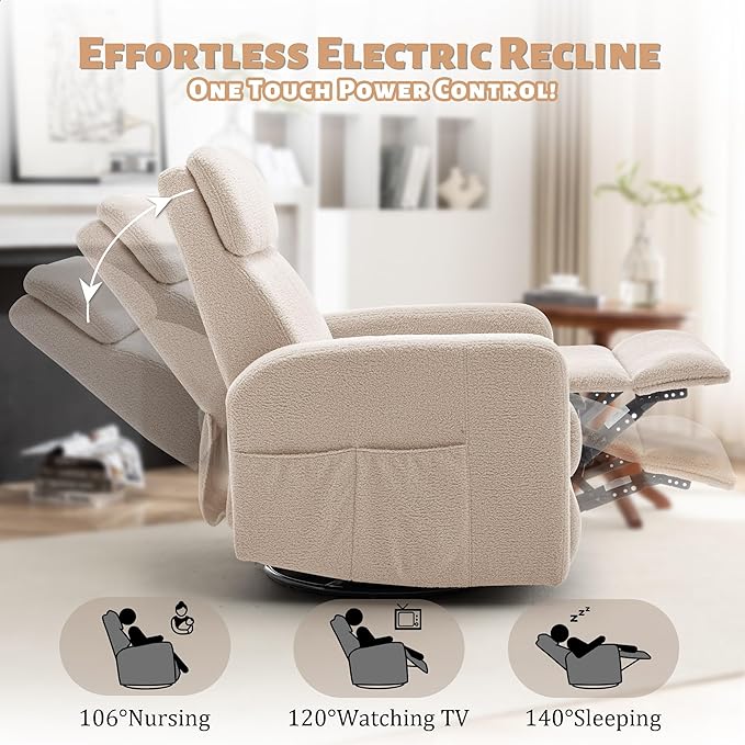 Power Swivel Recliner Chairs for Adults Electric Glider Rocking Chair Nursery Glider Recliner Nursery Chair with Classified Side Pocket Nursery Rocking Chairs with USB and Type-C Ports