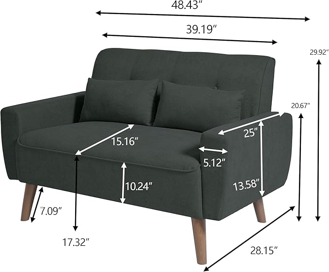 48.8 Small Loveseat Sofa Couch Mid Century Modern Linen Love Seat Couch 2 Seat Tufted Couches with Throw Pillows for Living Room Apartment Bedroom and Small Spaces Black