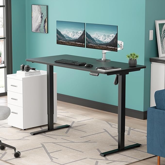 48 x 24 in One-Piece Electric Standing Desk Adjustable Height Sit to Stand Up Desk for Home Office Work &amp Study Black Frame &amp Black Desktop (2 Packages)