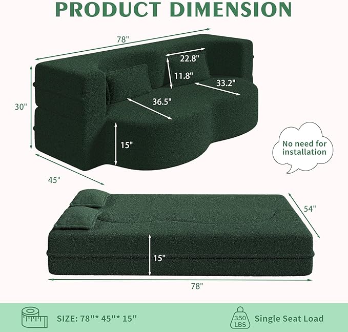 78 Teddy Folding Floor Sofa Couch BedConvertible Folding Sofa Bed Full Size Love Seat Sleeper Bed with 2 Pillows for Living Room Apartment Office (Green)