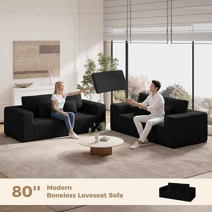 80'' Modern Cloud Loveseat Sofa Set of 2 No Assembly Required Deep Seat Comfy Small Couches Includes 2 pcs Pillows for Living Room Bedroom Apartment(Black)