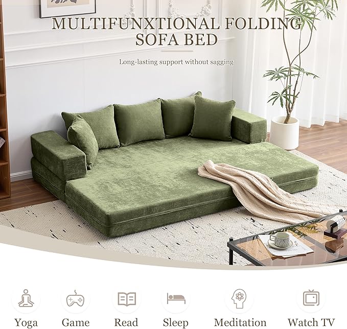 79 Convertible Folding Sofa Bed Queen Sleeper Sofa Couch with Armrest and Pillows Chenille Fold Out Floor Chaise Lounge Comfy Foldable Futon Mattress For Living Room Bedroom (Green 7.87)