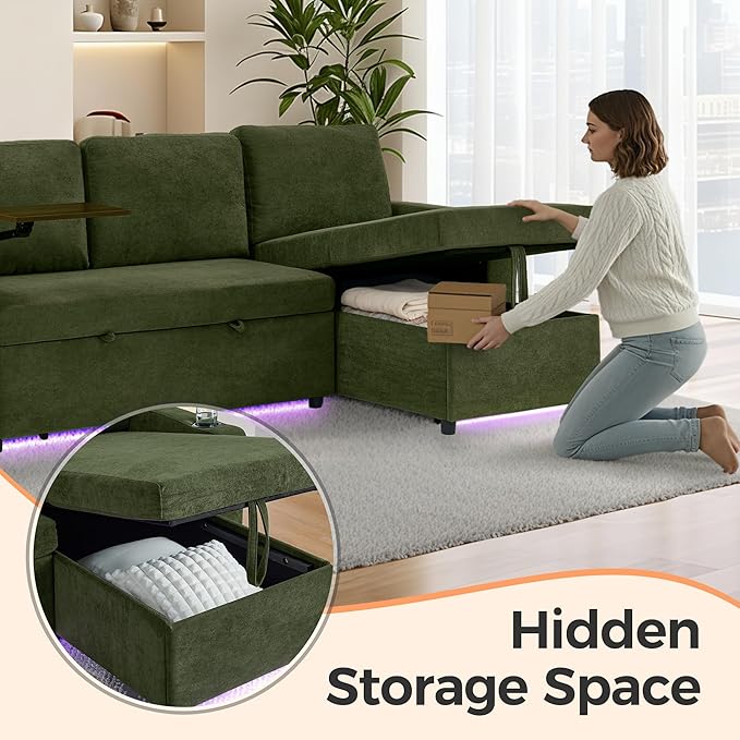 LED Sectional Sleeper Sofa with Pull Out Bed Convertible L Shaped Sofa with Storage Chaise Lounge Retractable Table USB Cup Holders Comfy 3-Seater Sleeper Couch for Living Room (Green)